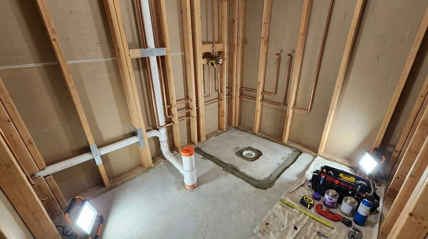 Bathroom rough-in plumbing during remodel by Johns Plumbing LLC in Minden