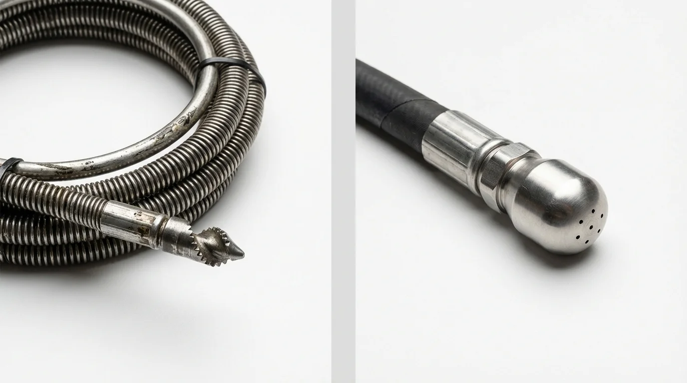 Drain snake cable and hydro jetting nozzle used for drain cleaning in Minden, NE
