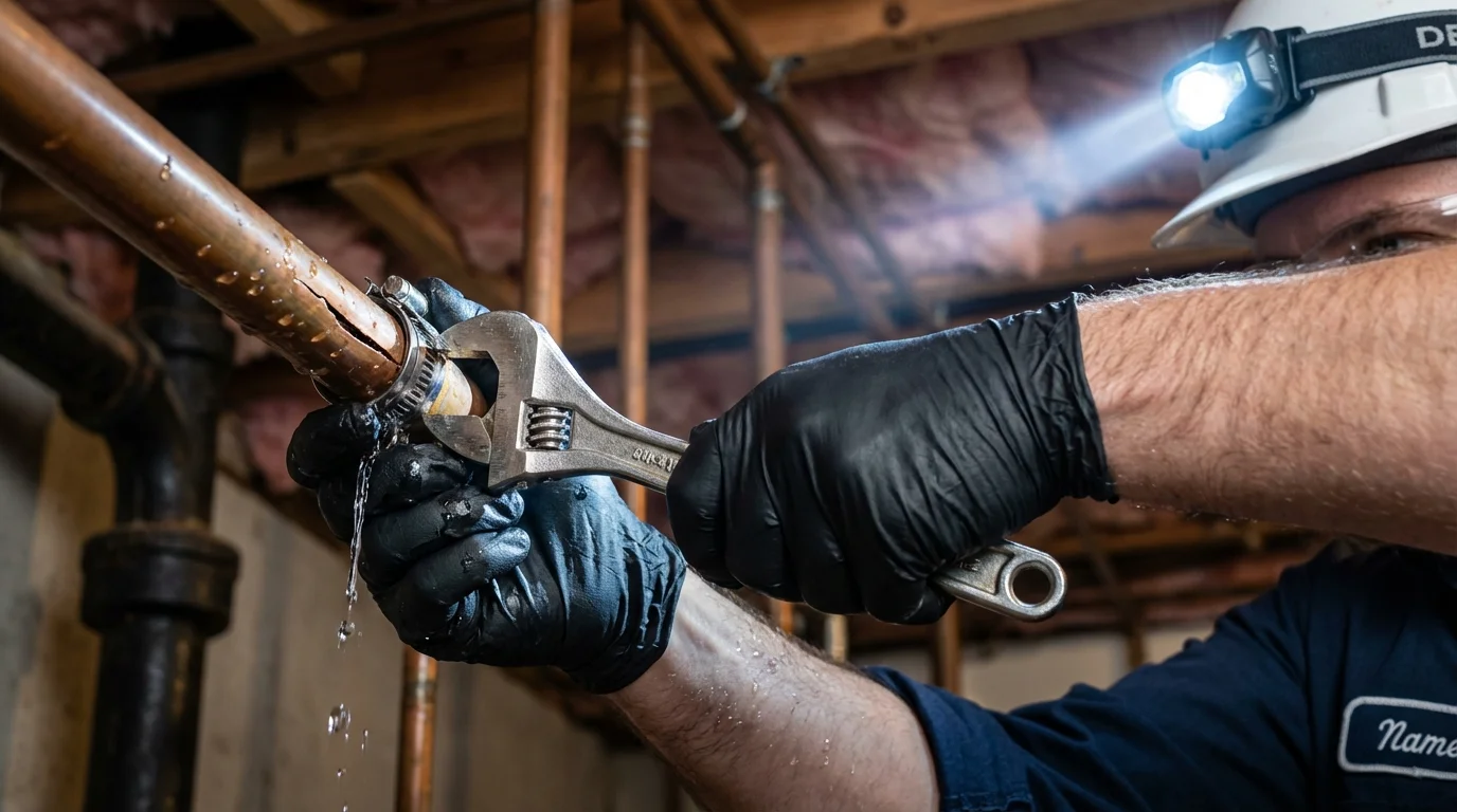Emergency pipe clamp repair being performed by a Johns Plumbing LLC plumber in Minden