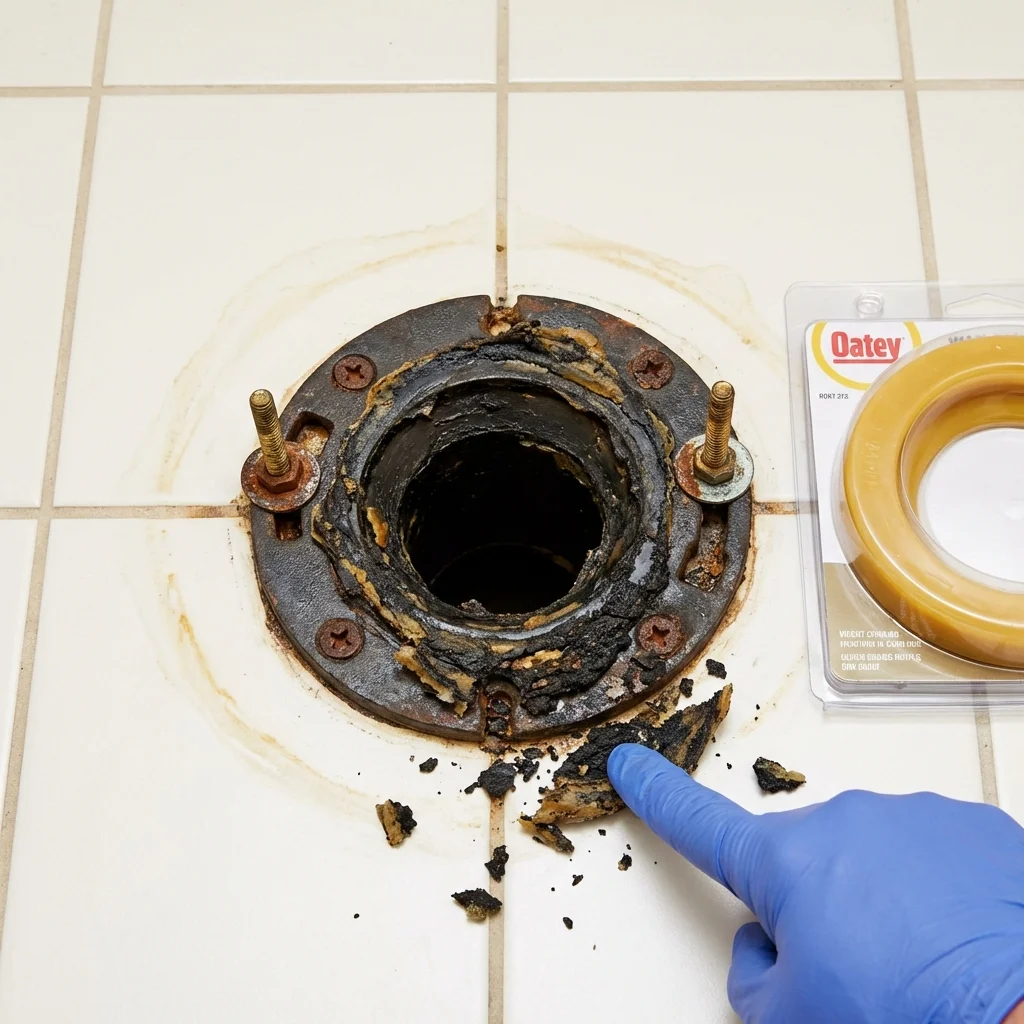 Failed wax ring showing water seepage at the base of a toilet in a Minden, NE home