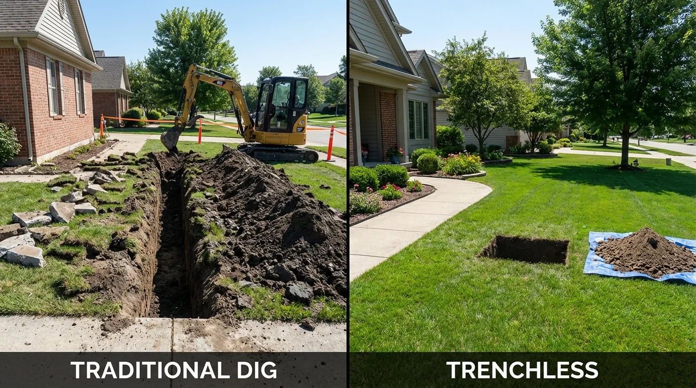 Trenchless sewer repair with minimal yard damage versus traditional excavation in Minden, NE